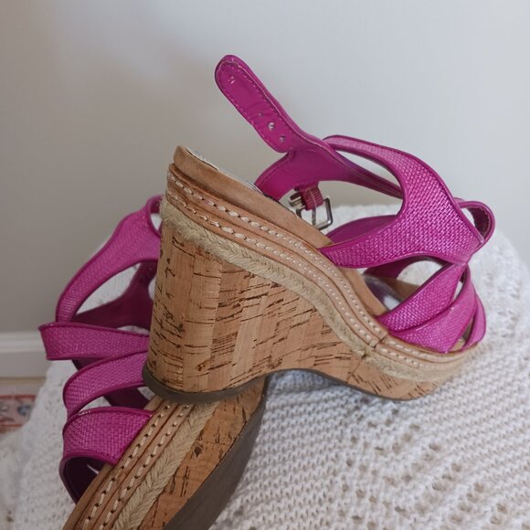 White House Black Market Fuchsia Pink Cork Wedge Sandals Size 8 - Picture 2 of 10